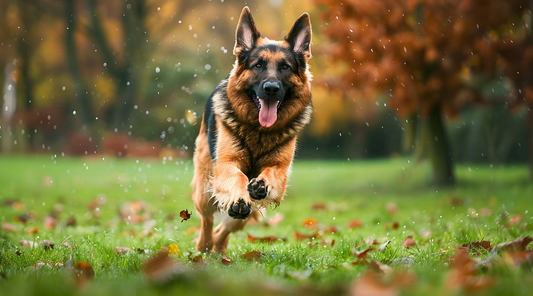 German Shepherd running fast through a forest on a sunny fall day