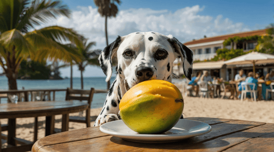 Dalmatian dog staring at a mango on a plate outdoors with palm trees in the background