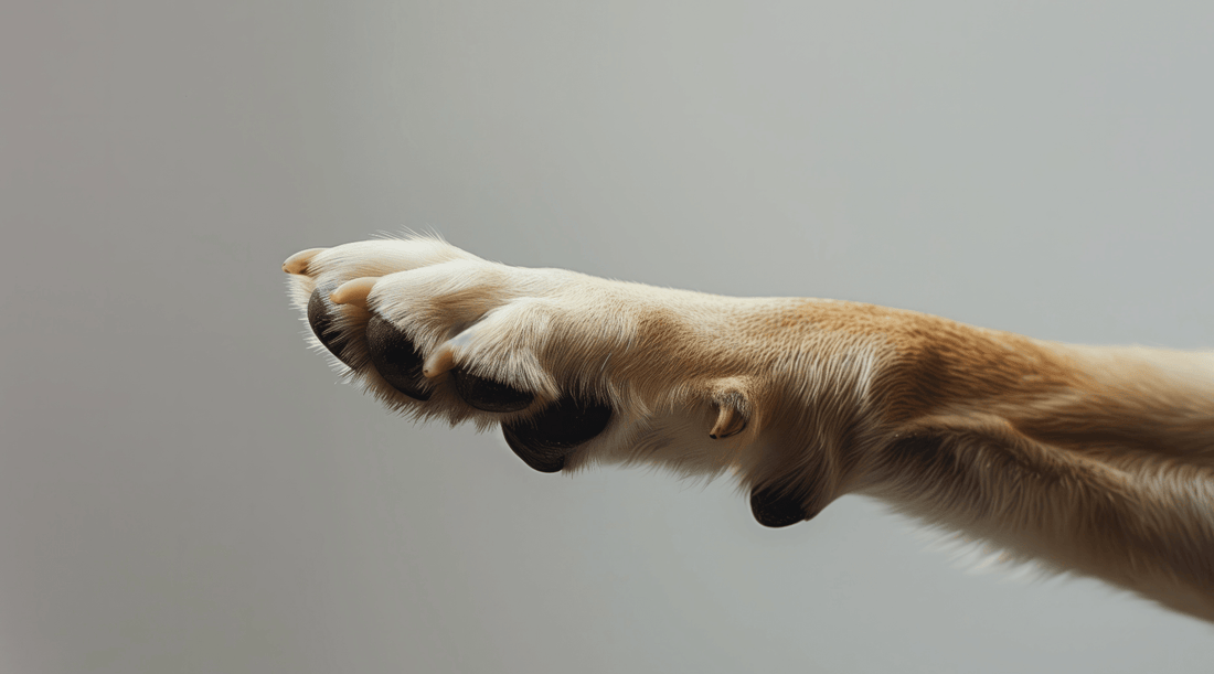 Dog holding out their leg extending their paw in mid air