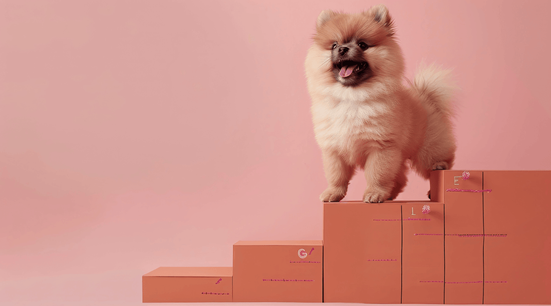 Pomeranian puppy perched atop stacked boxes with a soft pink background, exuding playful charm.