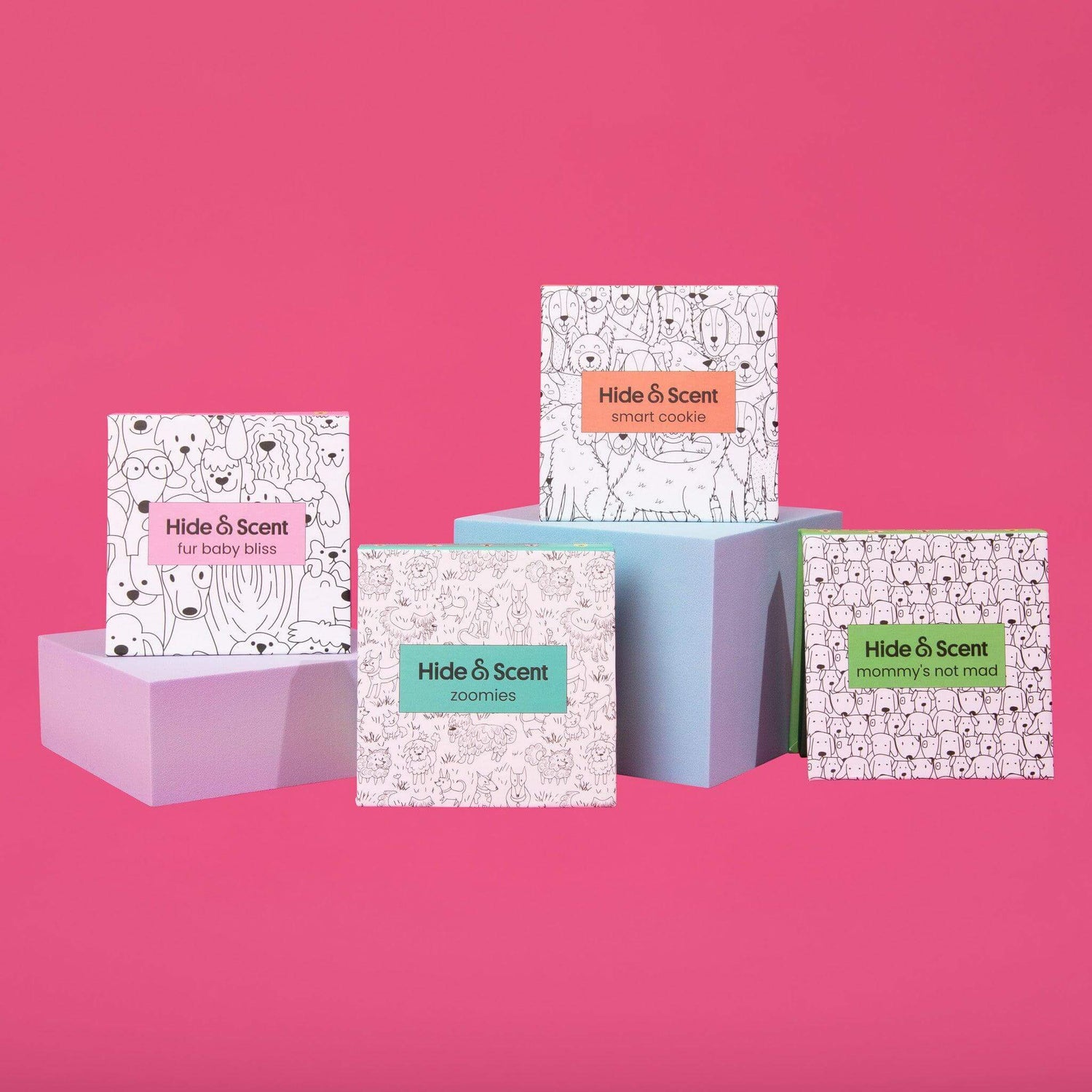 Hide&Scent addition scent stone collection featuring Mommy's Not Mad, Zoomies, Smart Cookie and Fur Baby Bliss scent stones