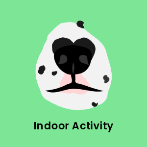 Dalmatian Dog nose on a green background with 'Indoor Activity' text, highlighting the Hide&Scent Game Kit Benefit as a sniffing game for dogs.