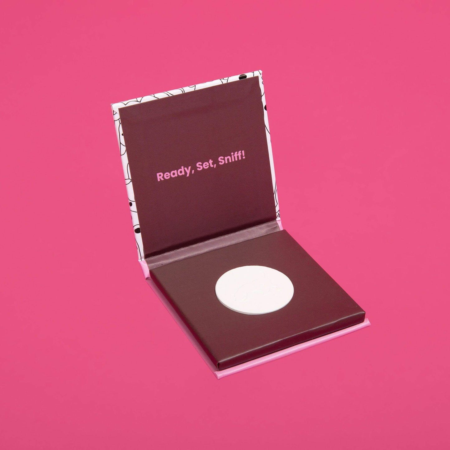 Open Fur Baby Bliss scent stone box showing the scent stone, 'Ready, Set, Sniff' text, and a dog tracking a scent on the stone.