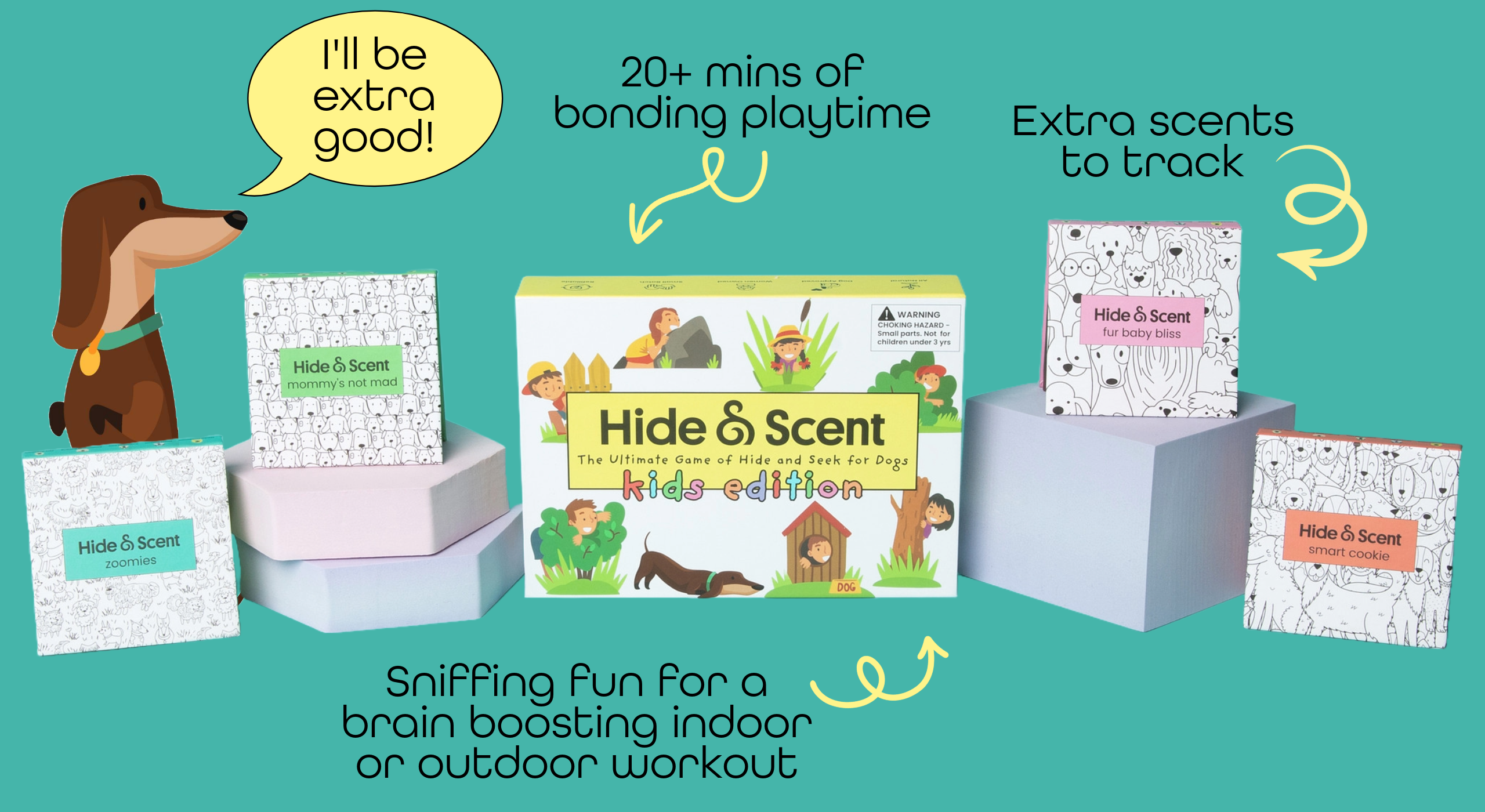A dog looks eagerly at the Hide & Scent KidsEdition game kit bundle, surrounded by various scent styles. A word bubble above the dog reads, "I'll be extra good." Text on the image highlights the benefits: "Exxtra Scents to Track", "20 mins of bonding playtime," "Fun for every dog," and "Sniffing fun for a brain-boosting indoor or outdoor workout.