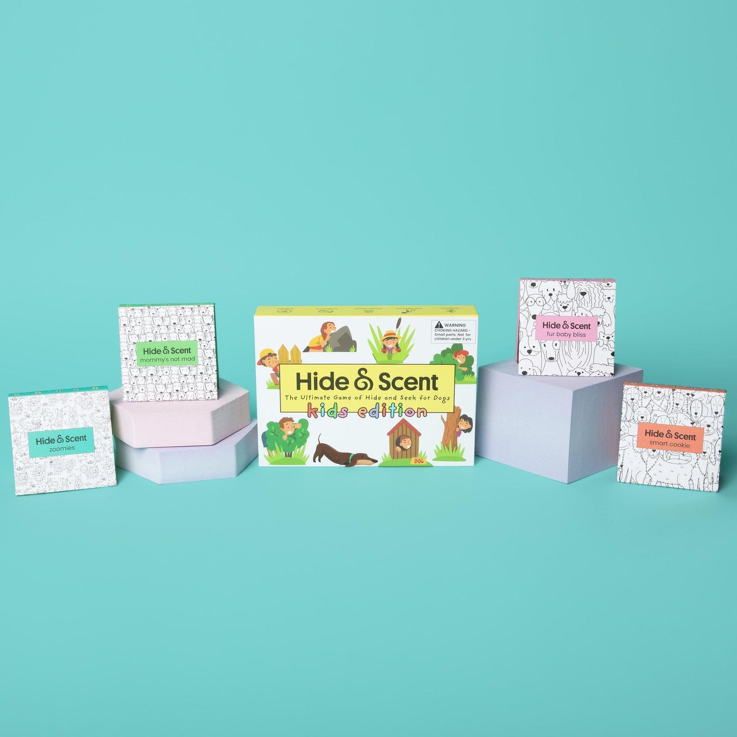 Hide&Scent Kids Edition bundle featuring the game kit and additional scent stones for a sniffing game for dogs.