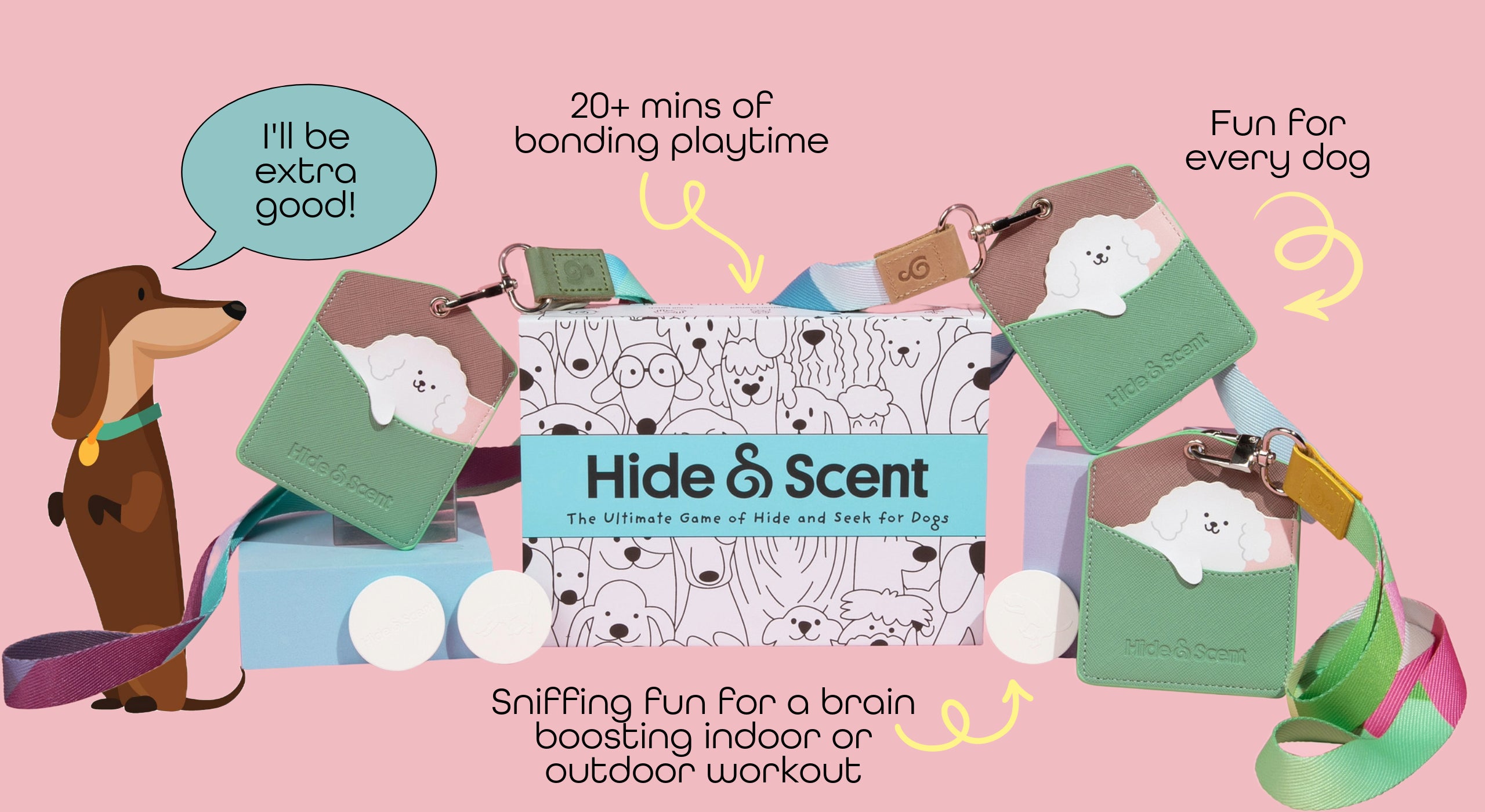 A dog looks eagerly at the Hide & Scent Standard Edition game kit, surrounded by various scent styles. A word bubble above the dog reads, "I'll be extra good." Text on the image highlights the benefits: "20 mins of bonding playtime," "Fun for every dog," and "Sniffing fun for a brain-boosting indoor or outdoor workout.