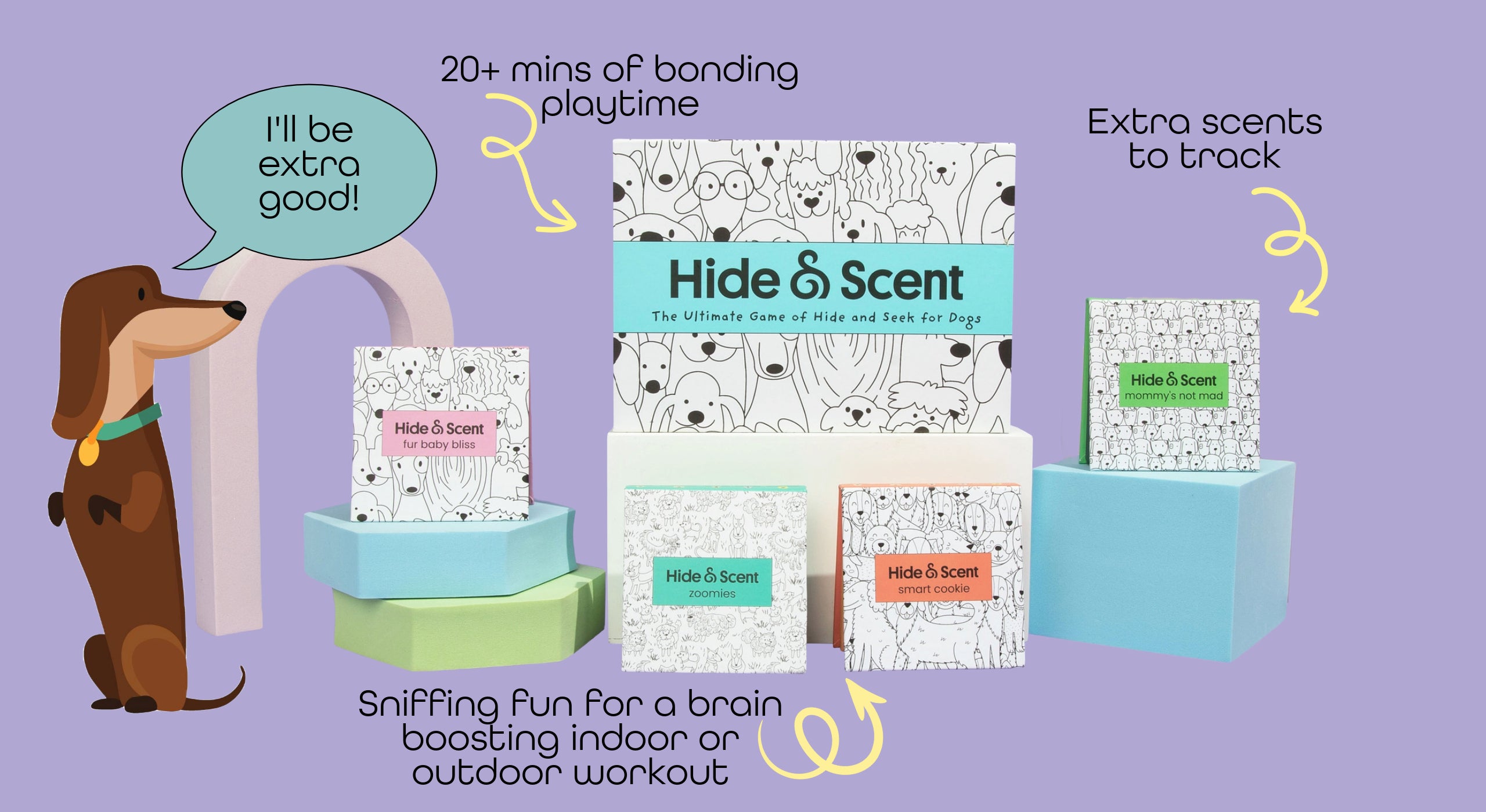 A dog looks eagerly at the Hide & Scent Standard Edition Bundle game kit, surrounded by various scent styles. A word bubble above the dog reads, "I'll be extra good." Text on the image highlights the benefits: "20 mins of bonding playtime," "Fun for every dog," "Extra Scents to Track" and "Sniffing fun for a brain-boosting indoor or outdoor workout."