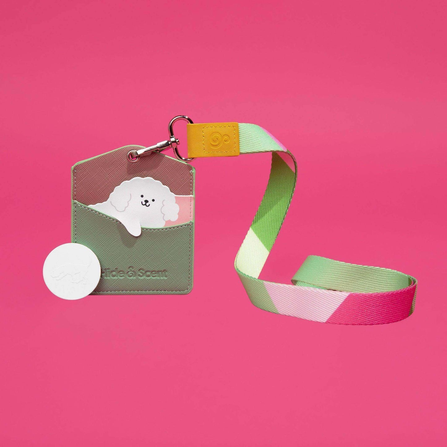 Hide&Scent Standard Edition pouch with Max-style pink,yellow and green rope and scent stone for a boredom-busting sniffing game for dogs.