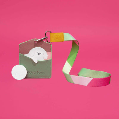 Hide&Scent Standard Edition pouch with Max-style pink,yellow and green rope and scent stone for a boredom-busting sniffing game for dogs.