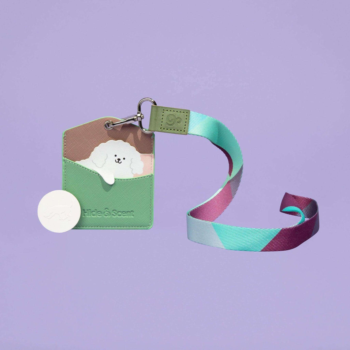 Hide&Scent Standard Edition pouch with Ziggy-style purple and blue rope and scent stone for a boredom-busting sniffing game for dogs.