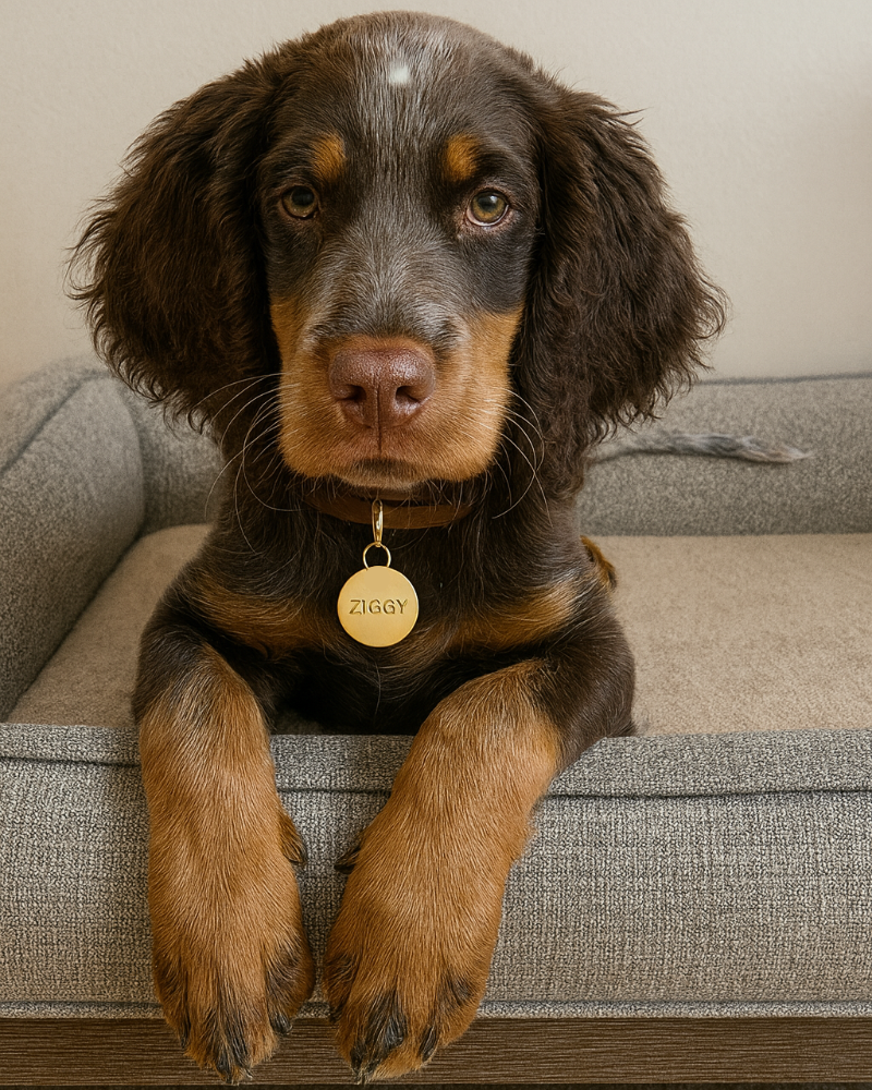 Dog with a gold tag named 'Ziggy' sitting on a couch.