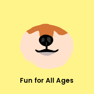 Shiba Inu dog nose on a yellow background with 'Fun for All Ages' text, highlighting the Hide&Scent Game Kit—sniffing game for dogs.