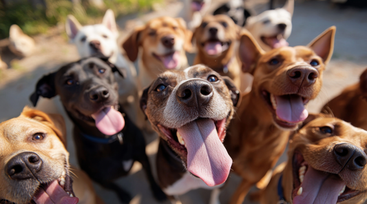Group of happy dogs looking at the camera with open mouths and tongues out, showing excitement and friendliness