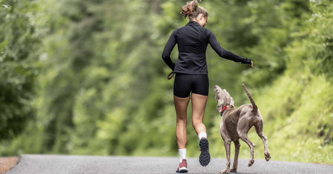 Woman running outdoors on a sunny day with a Weimaraner dog, enjoying an active and energetic moment together