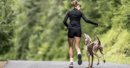 Woman running outdoors on a sunny day with a Weimaraner dog, enjoying an active and energetic moment together