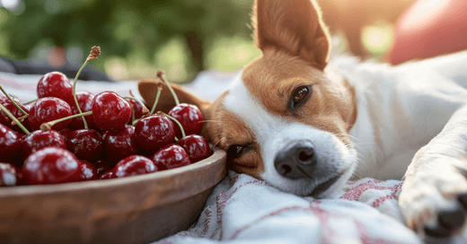 Dog sleeping next to a bowl of cherries in the sunshine, peacefully resting outdoors