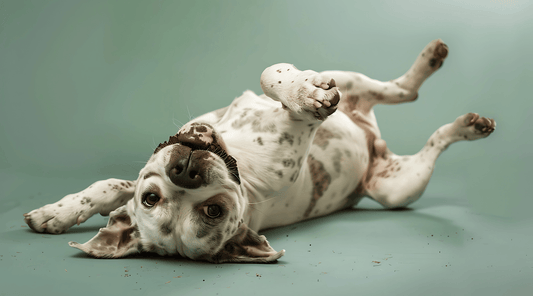 Mixed breed dog rolling on their back, looking happy and playful