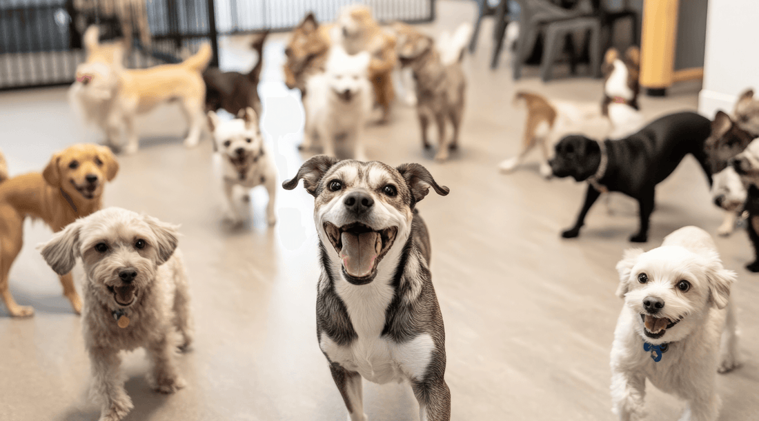 Group of dogs playing at a doggie daycare