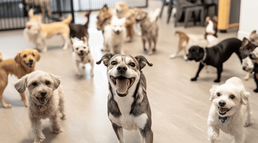 Group of dogs playing at a doggie daycare