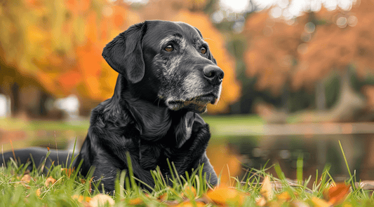 Aging black labrador with grey hair on this noselying outside with 