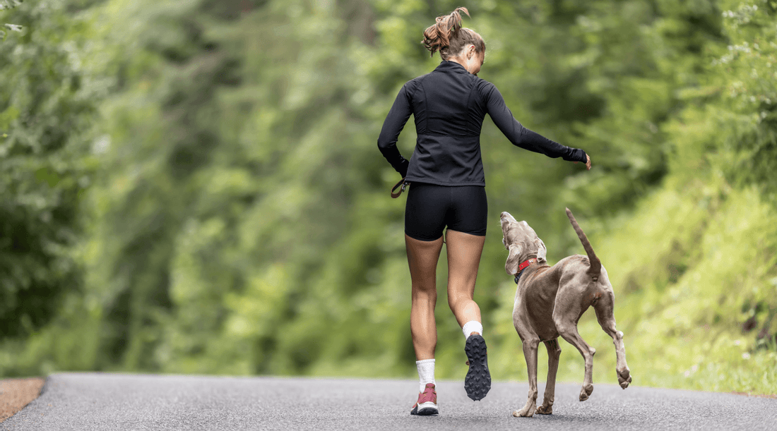 Woman running outdoors with her Weimaraner dog, both enjoying an active and healthy workout