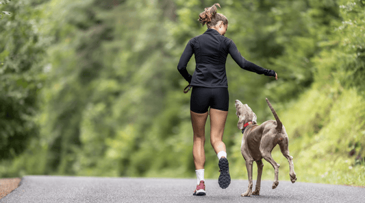 Woman running outdoors with her Weimaraner dog, both enjoying an active and healthy workout