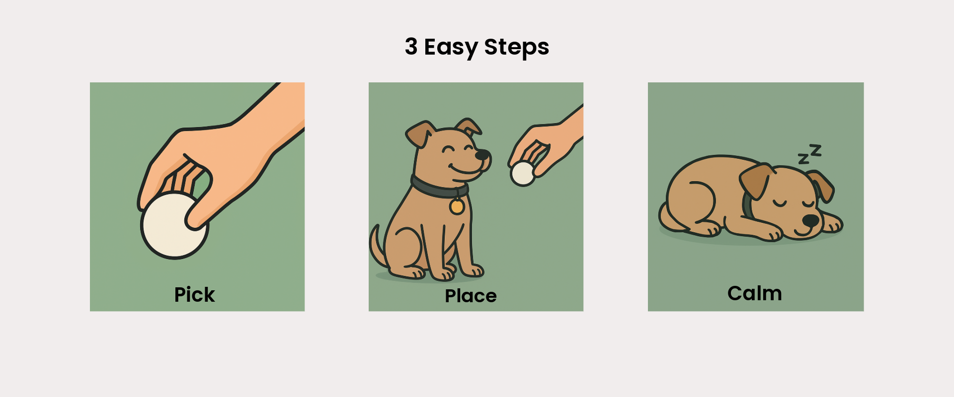 Picture explaining the 3 steps for putting a scent stone in a pet id tag - pick, place, calm