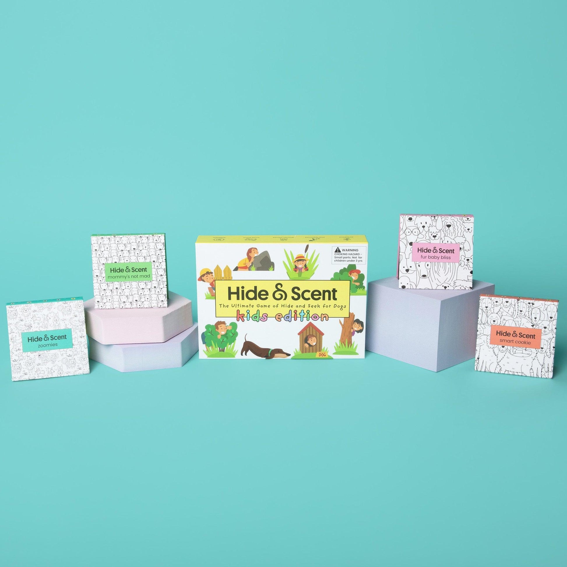Hide&Scent Kids Edition bundle featuring the game kit and additional scent stones for a sniffing game for dogs.