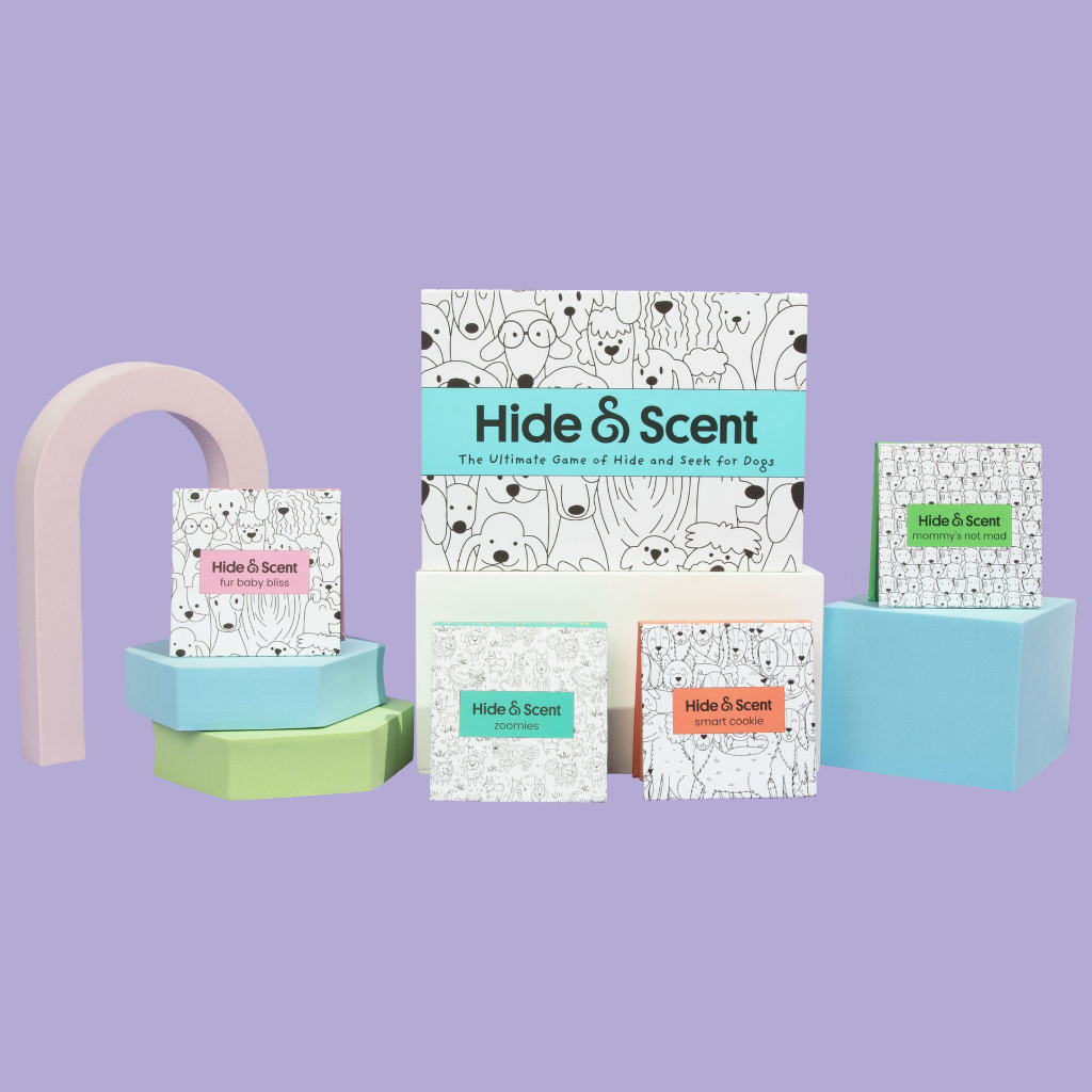 Hide and Scent Standard Edition Game Kit Bundle, Sniffing Game for Dogs on a purple background. 