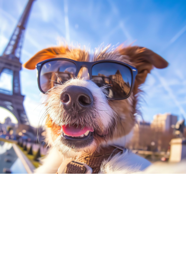 Smiling mixed-breed wirehaired dog wearing sunglasses with the Eiffel Tower in the background.