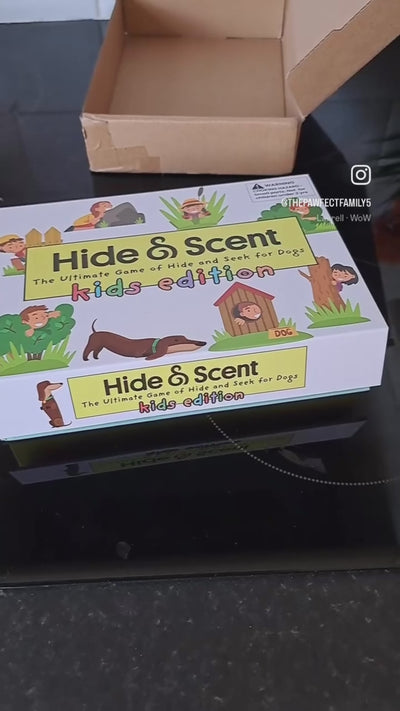 Unboxing the Hide&Scent Kids Edition game kit, designed for fun and engaging sniffing games for dogs.